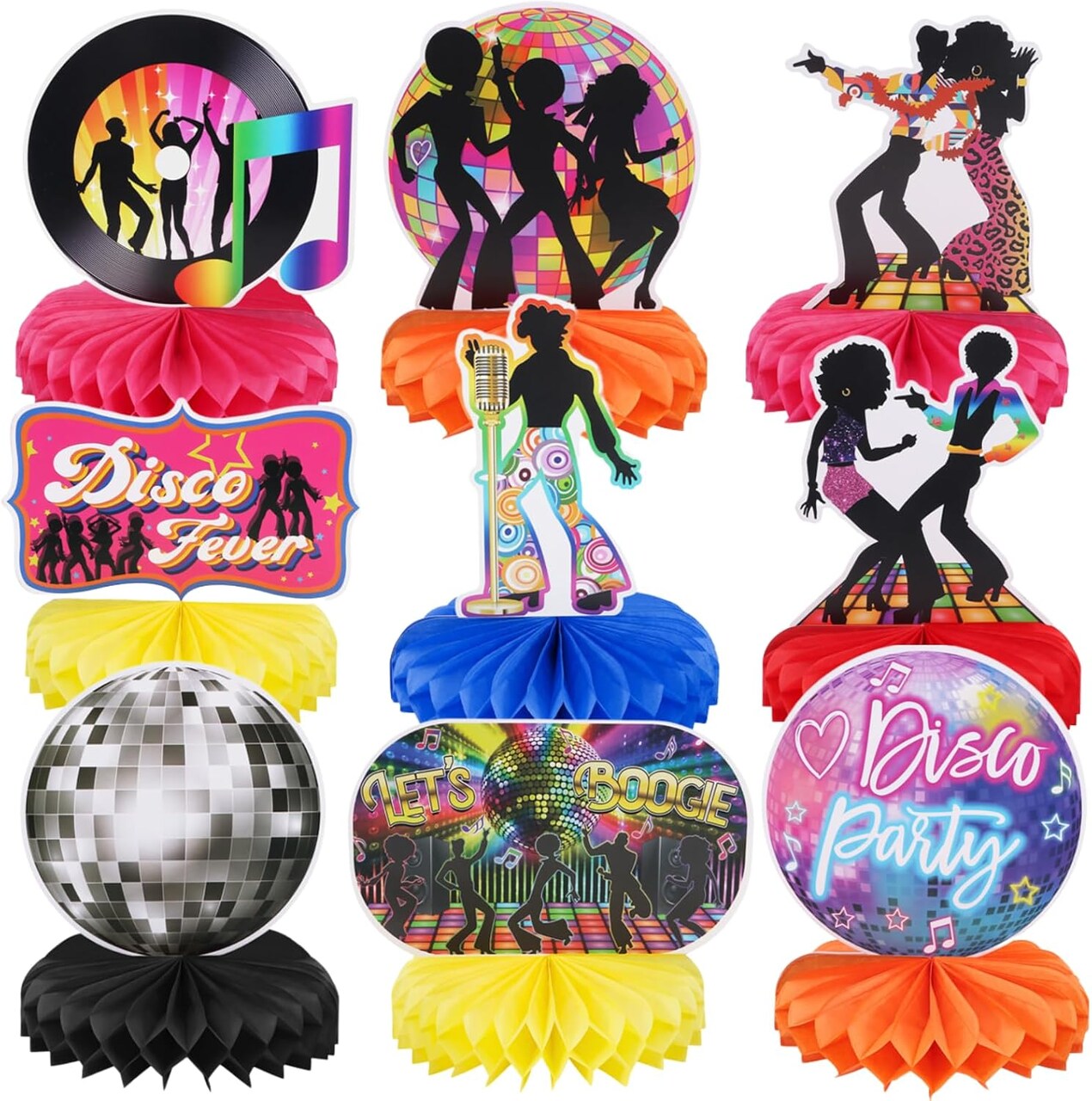 70s Disco Table Centerpieces for 1970s Disco Fever Party Decorations 9pcs Dancing Queen Boogie Honeycomb Centerpieces for Party Table Decors Back to 70s Disco Birthday Party Tabletop Sign Decor
